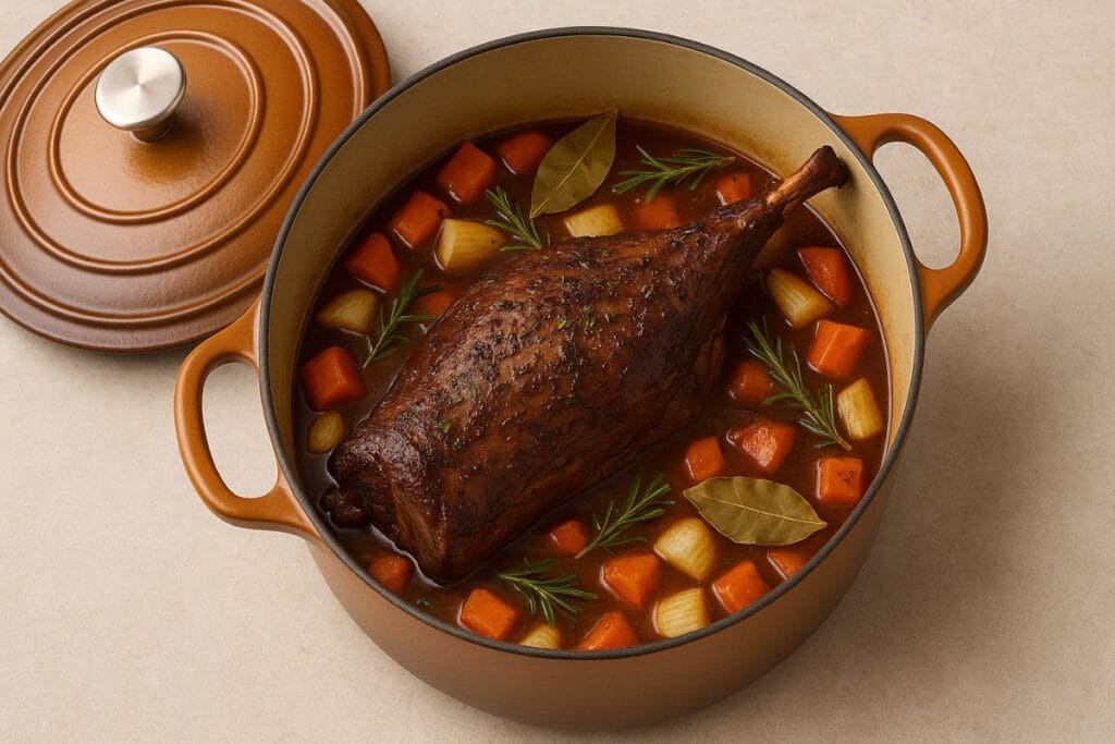 Pierna de venado en una cazuela de hierro fundido al horno