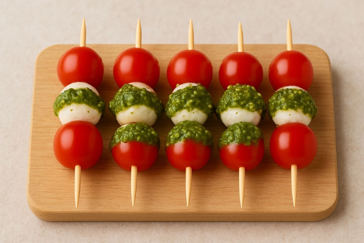 Tomates cherry, mozzarella y pesto