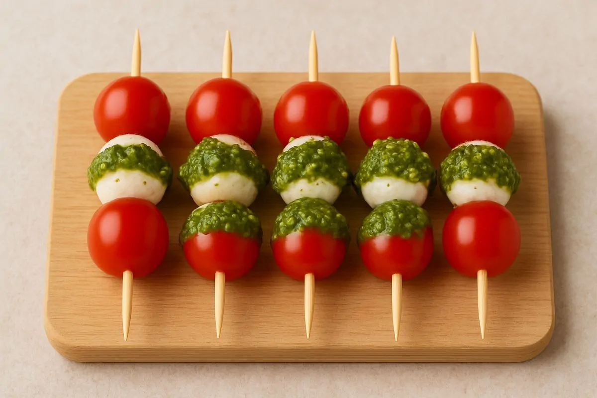Tomates cherry, mozzarella y pesto