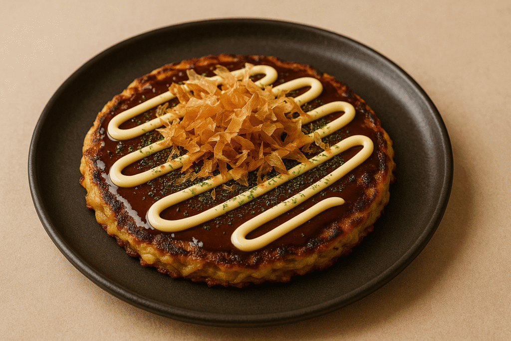 Japońskie okonomiyaki z domowym japońskim majonezem w zygzakowatym wzorze