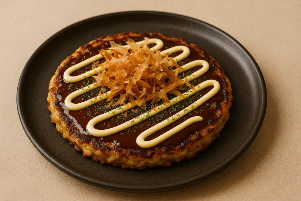 Okonomiyaki giapponese con maionese giapponese fatta in casa a zig-zag