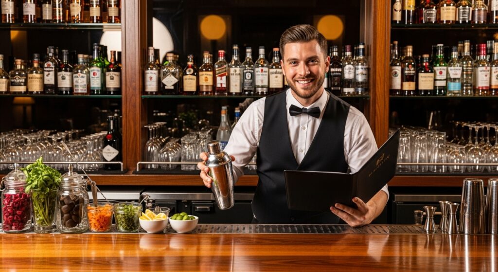 Un camarero amable preparando un cóctel