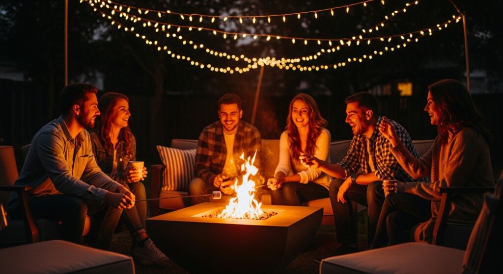 fogata al aire libre con invitados