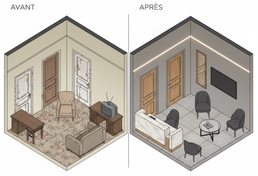 Transformación de una habitación de hotel con revestimiento adhesivo antes y después