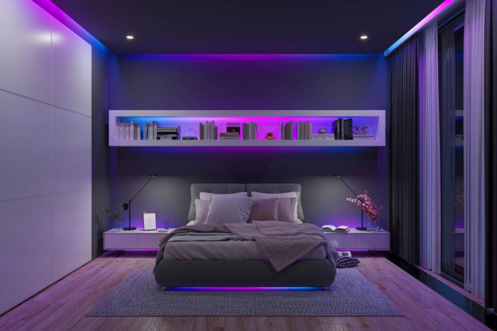Decoración de dormitorio con luces de neón