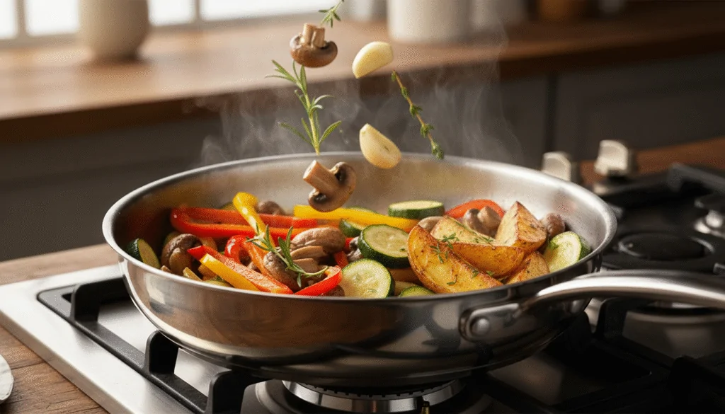 Cuisson de garnitures dans une poêl en Inox Cuisson de garnitures dans une poêl en Inox