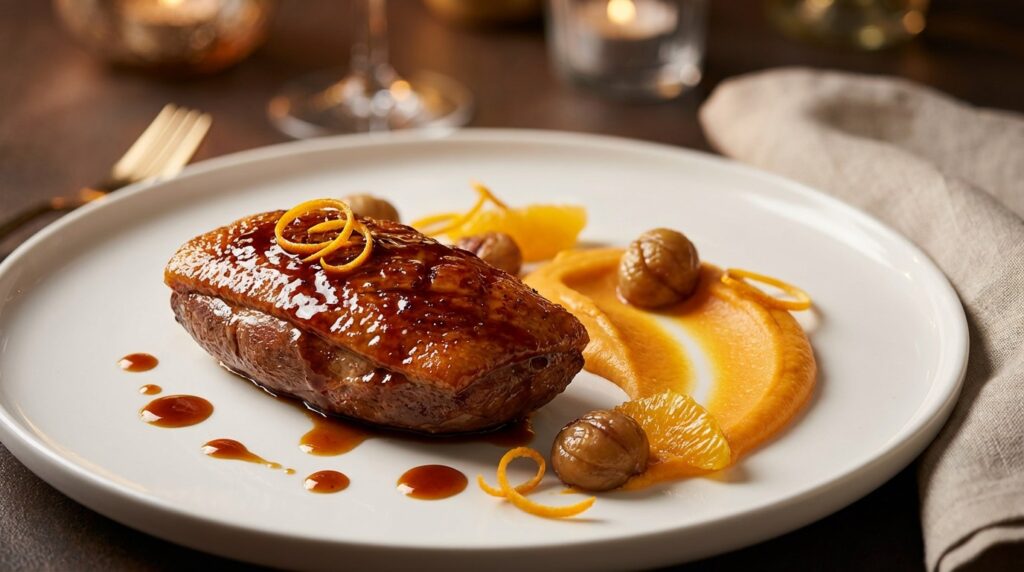 Pechuga de pato glaseada con miso, puré de boniato y naranja