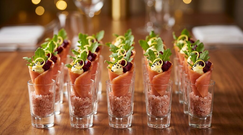 Mini conos de salmón ahumado con crema de remolacha y limón