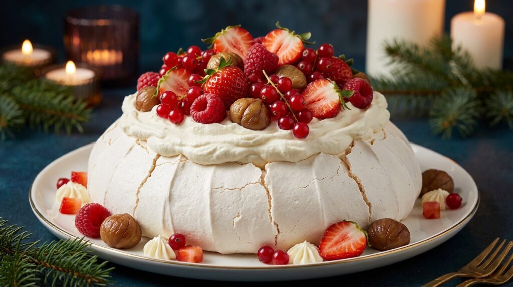 Pavlova de invierno con frutos rojos, castañas y crema batida de mascarpone