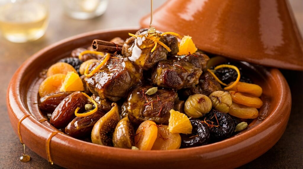 Tajín de cordero con frutos secos, miel y especias suaves