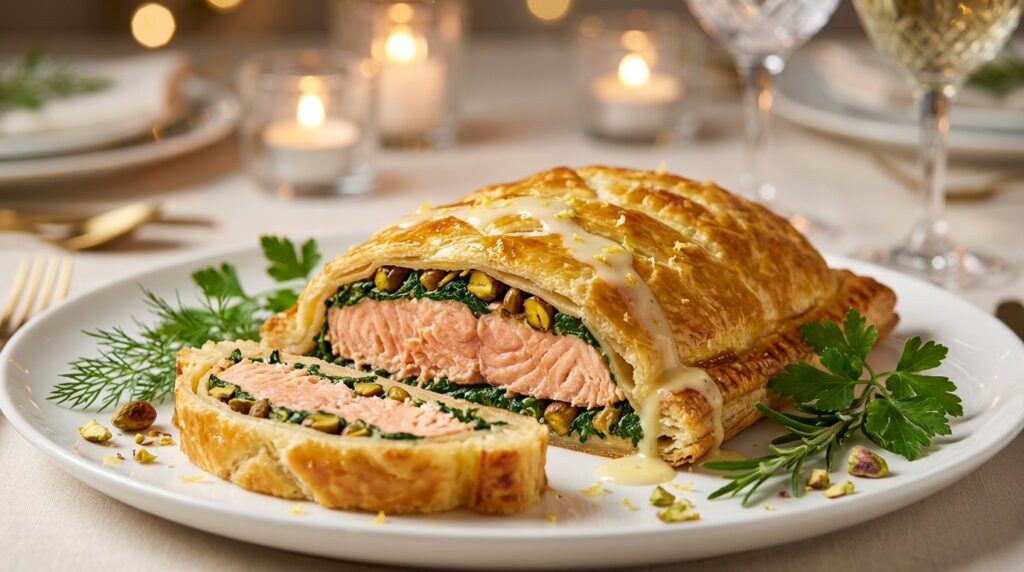 Salmón Wellington con costra de espinacas y pistachos para Navidad