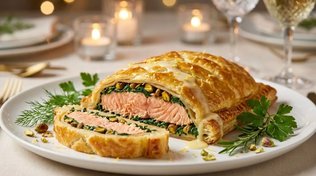 Wellington de saumon en croûte d'épinards et pistache pour Noël Wellington de saumon en croûte d'épinards et pistache pour Noël