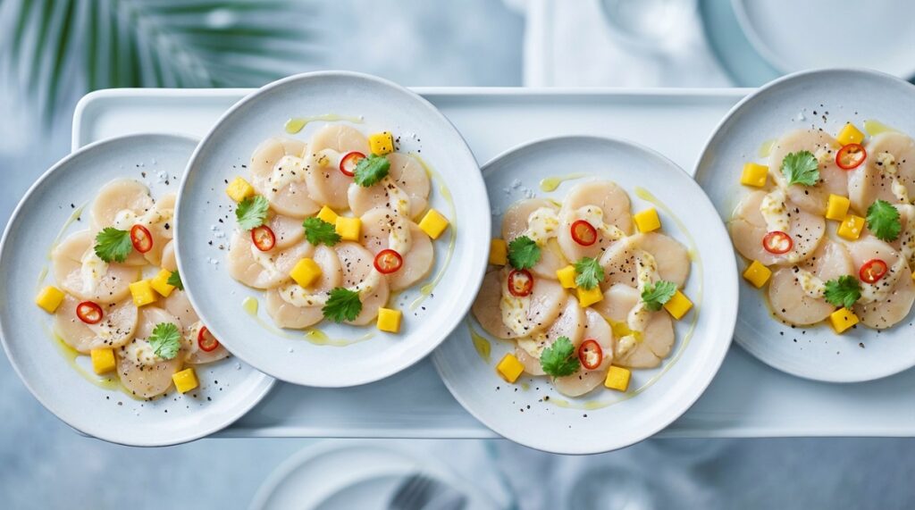 Carpaccio de vieiras con mango y leche de coco y jengibre (versión tropical)
