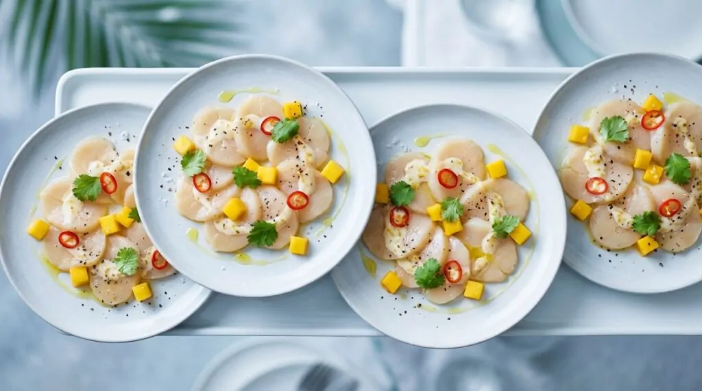 Carpaccio de Saint-Jacques, mangue & lait de coco-gingembre (version tropicale) Carpaccio de Saint-Jacques, mangue & lait de coco-gingembre (version tropicale)