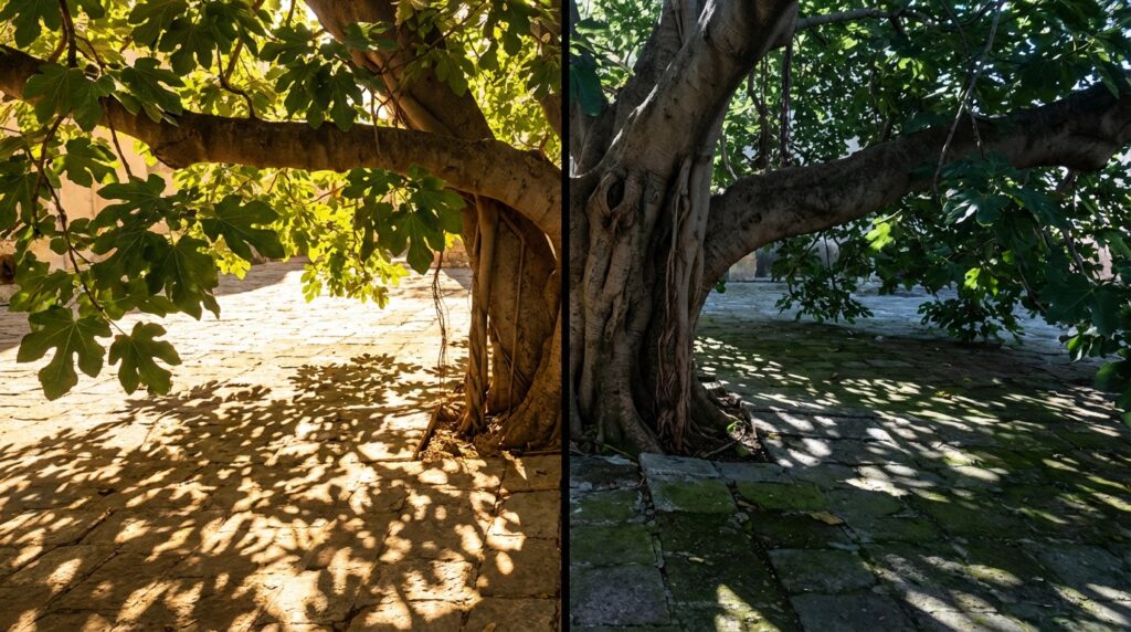 Contraste de luz y sombra en una higuera