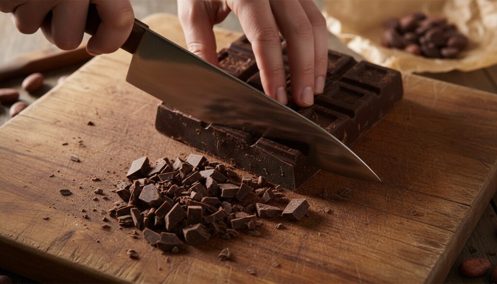 Cortar pequeños trozos de chocolate con un cuchillo Cortar pequeños trozos de chocolate con un cuchillo