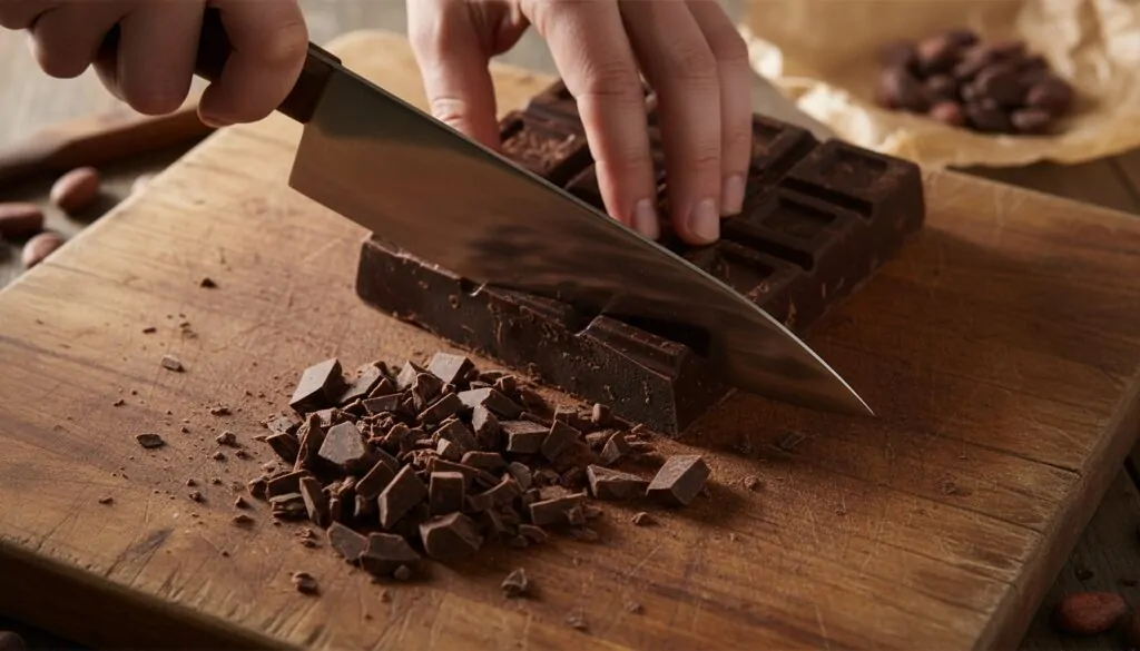 Cutting small pieces of chocolate with a knife Cutting small pieces of chocolate with a knife