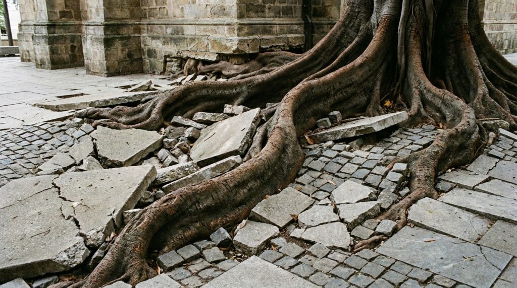 Las raíces de la higuera levantan las losas del pavimento