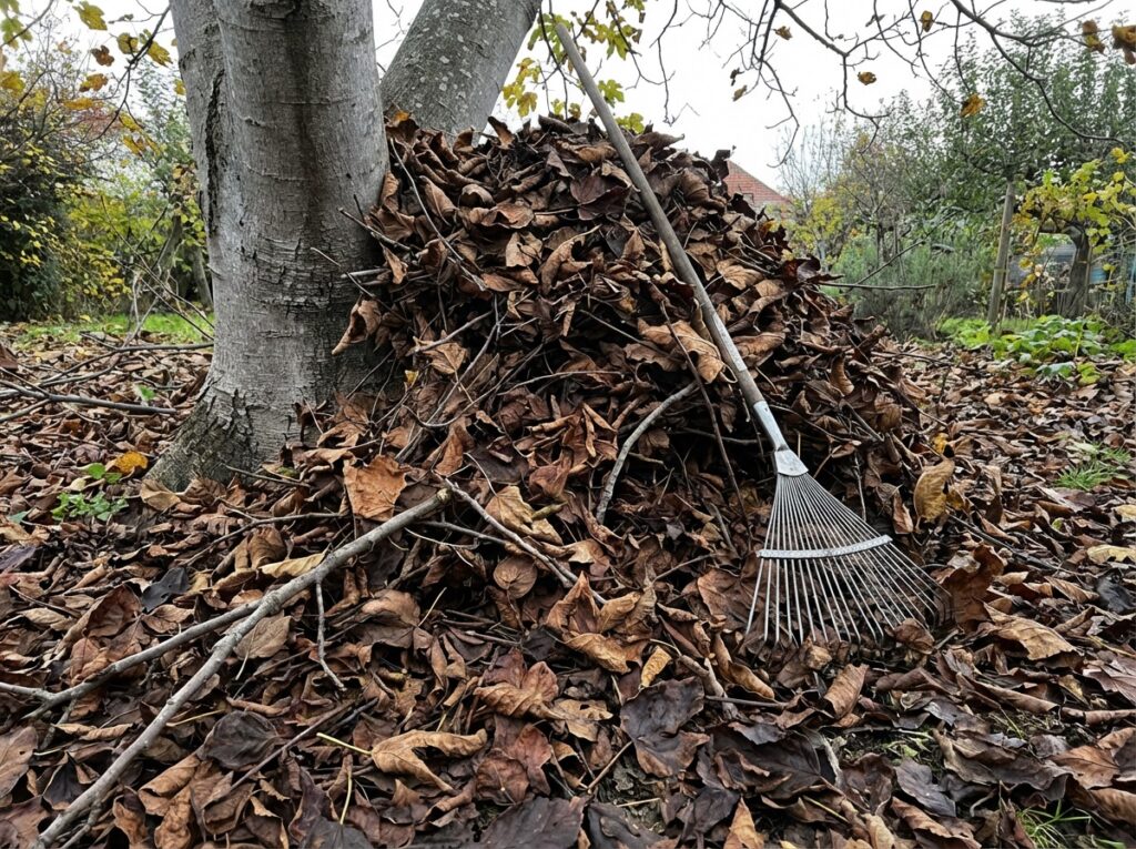 Montón de hojas secas en una higuera en otoño