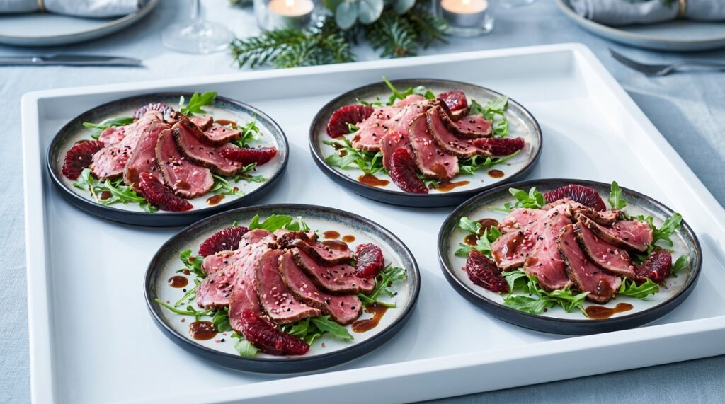 Tataki de ternera con especias navideñas, naranja sanguina y rúcula