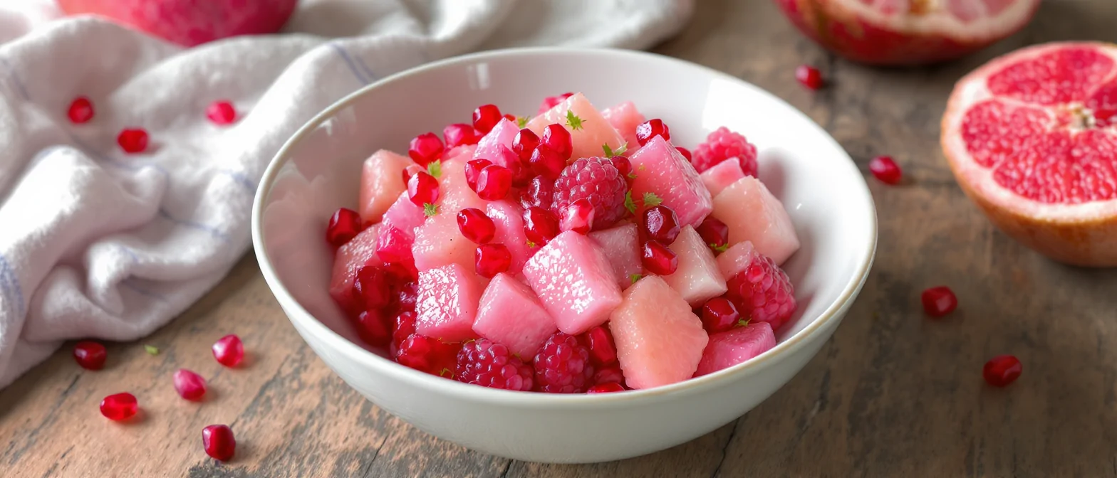 Frutas rosadas variadas en un tazón Frutas rosadas variadas en un tazón