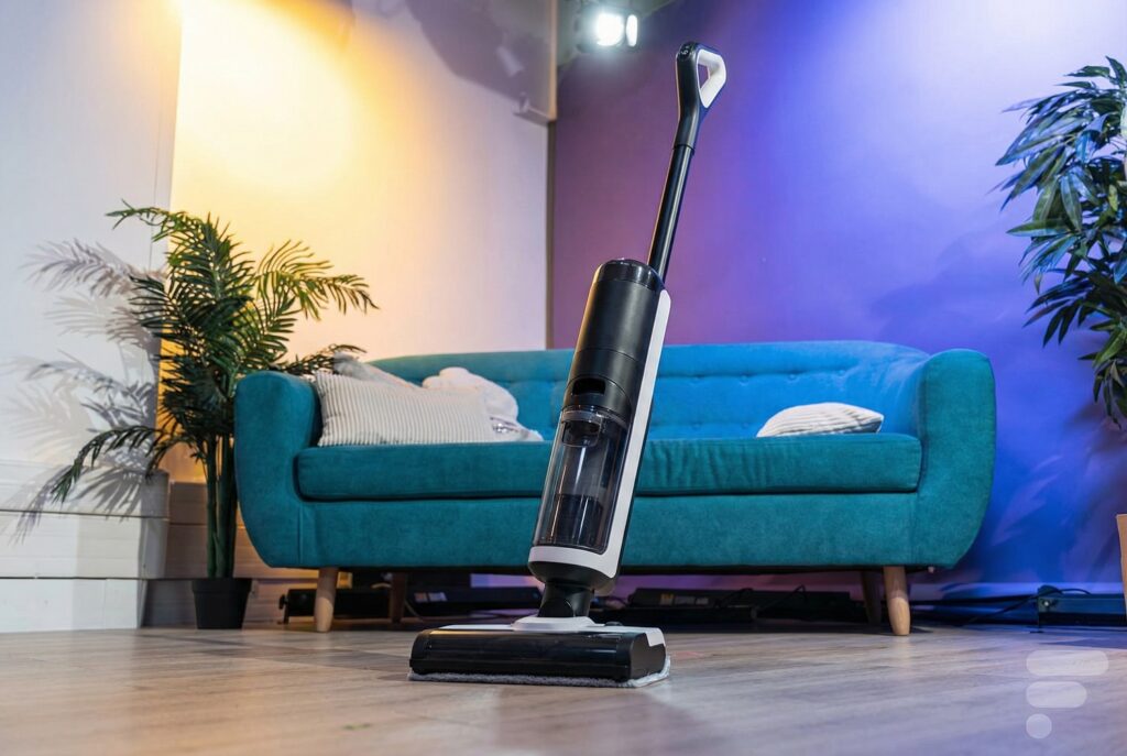 Aspiradora y fregona en una sala de estar con sofá