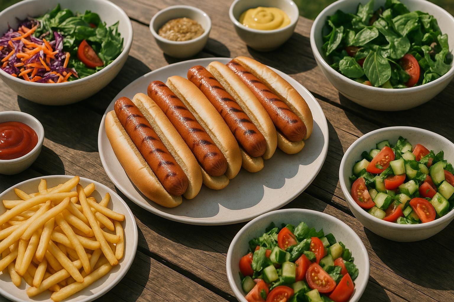 Parówki z kiełbasą, podawane z sałatką i frytkami