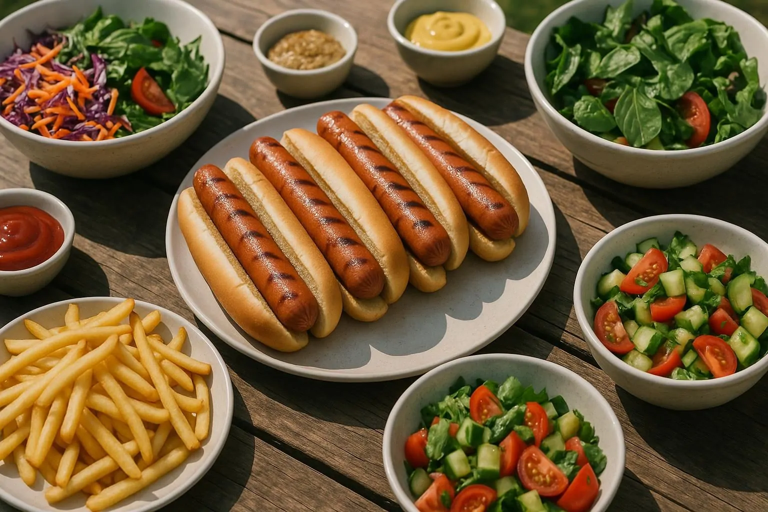Perritos calientes con salchicha, servidos con ensalada y patatas fritas