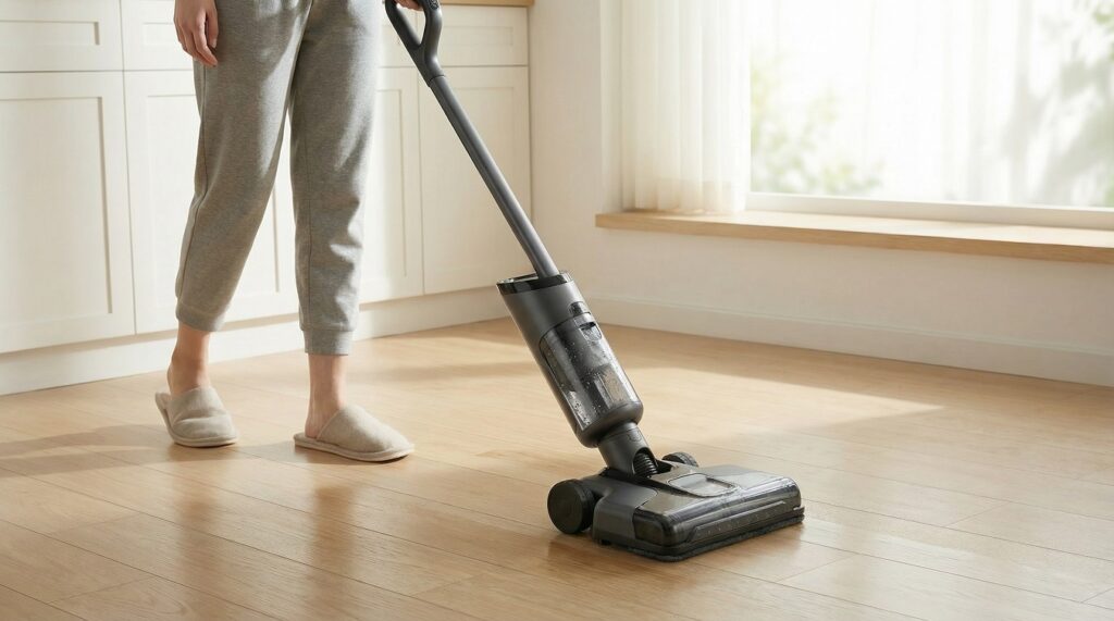 mujer usando una aspiradora 