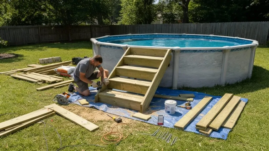 Construcción de una escalera de madera para una piscina elevada