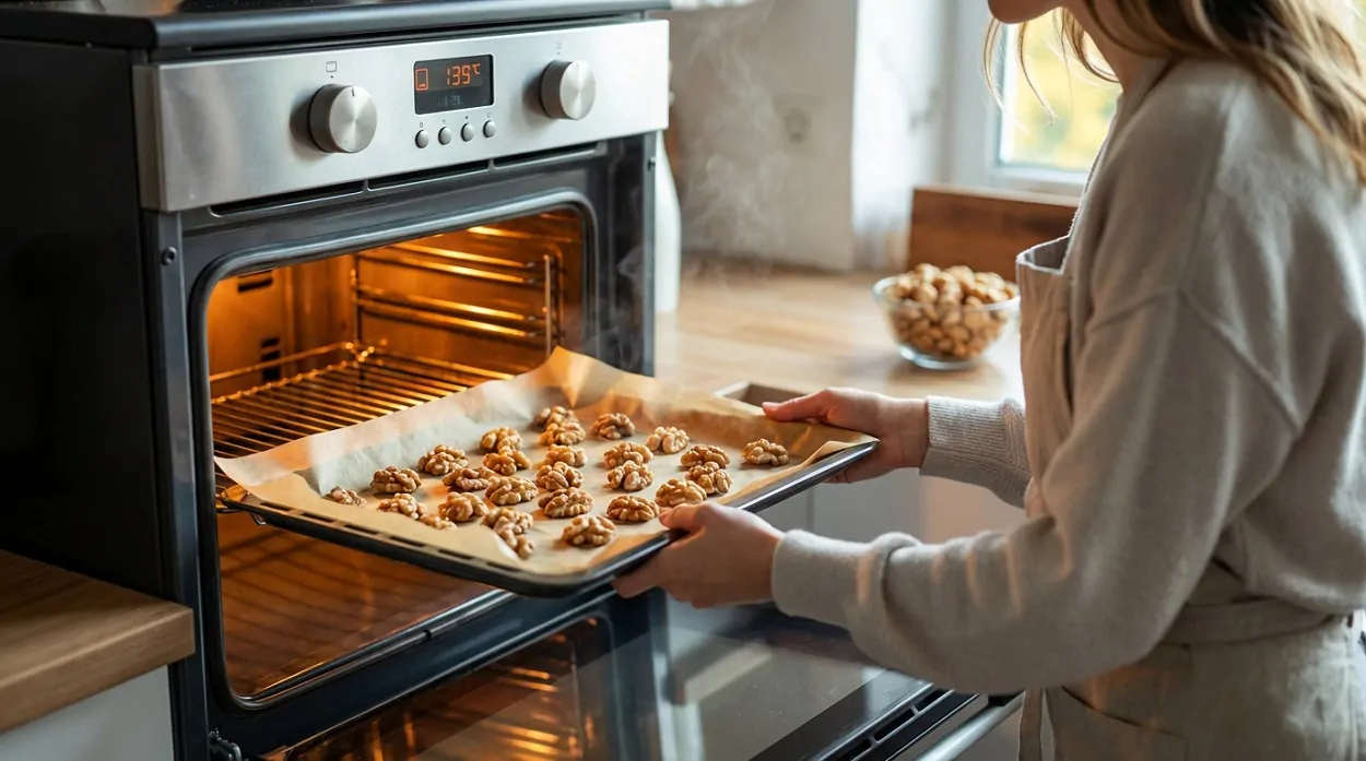 Woman drying nuts in the oven