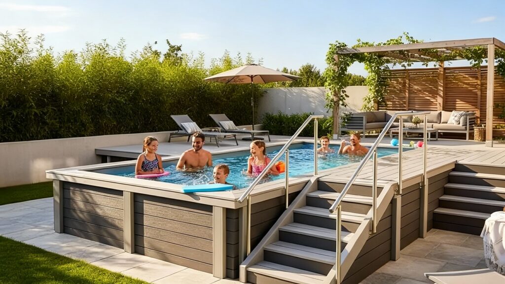 Escaleras modernas para piscinas elevadas con peldaños antideslizantes y pasamanos seguro