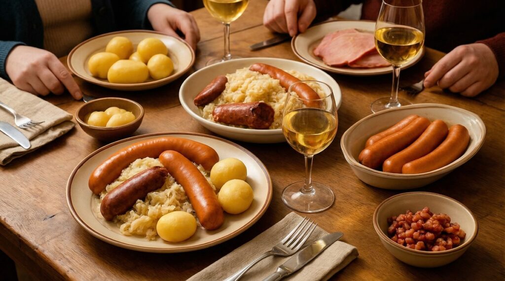 Chucrut adornado con salchicha alsaciana