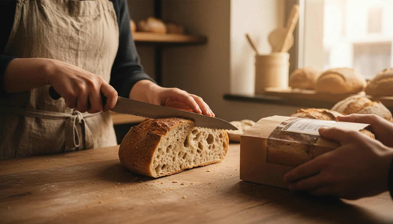 Bäcker schneidet glutenfreies Brot und verschiedene Gebäckstücke Bäcker schneidet glutenfreies Brot und verschiedene Gebäckstücke
