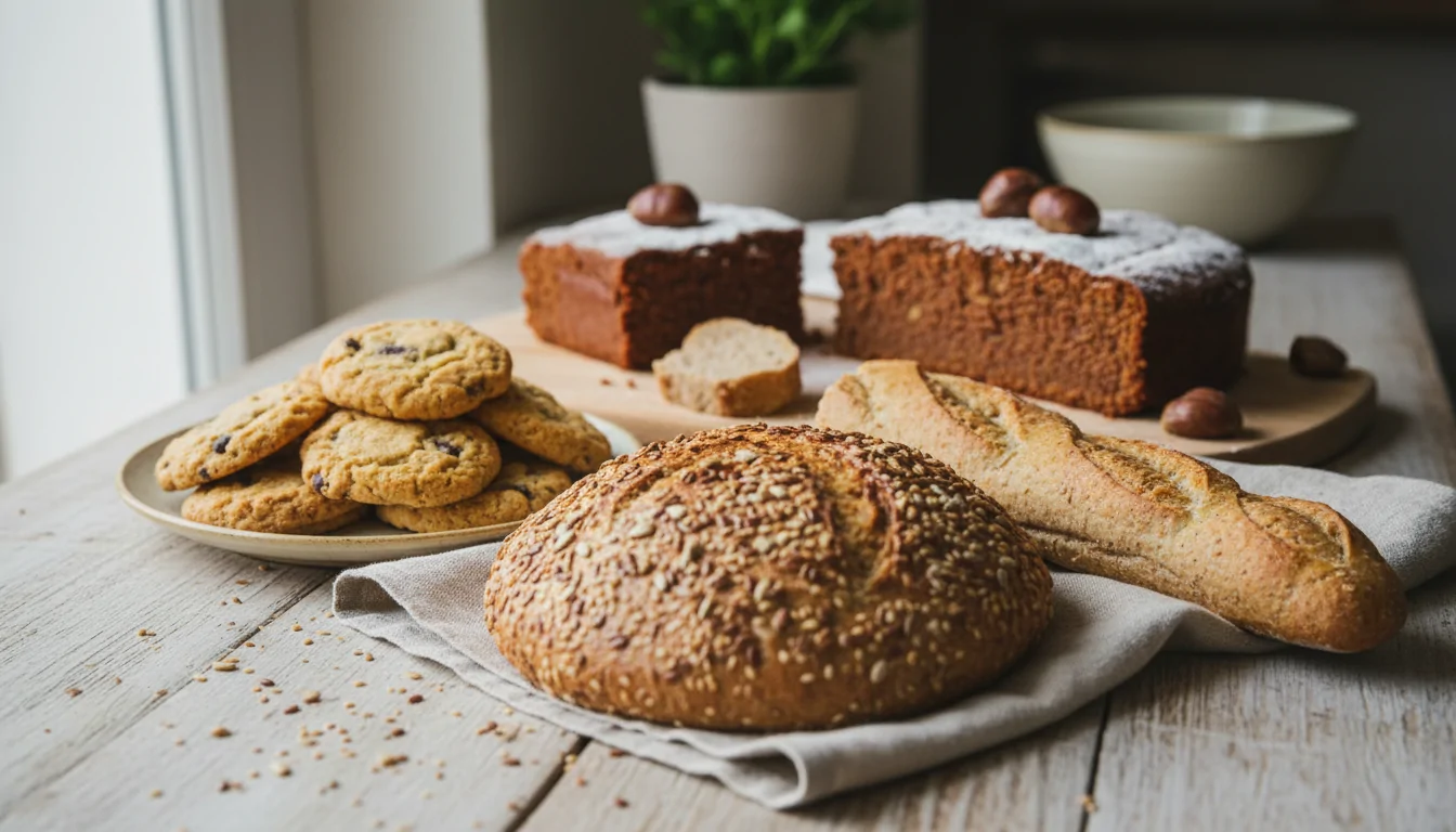 Verschiedene handwerklich hergestellte glutenfreie Brote und Kuchen Auswahl an glutenfreien Broten und Gebäcken aus alternativen Mehlsorten auf einem Brett
