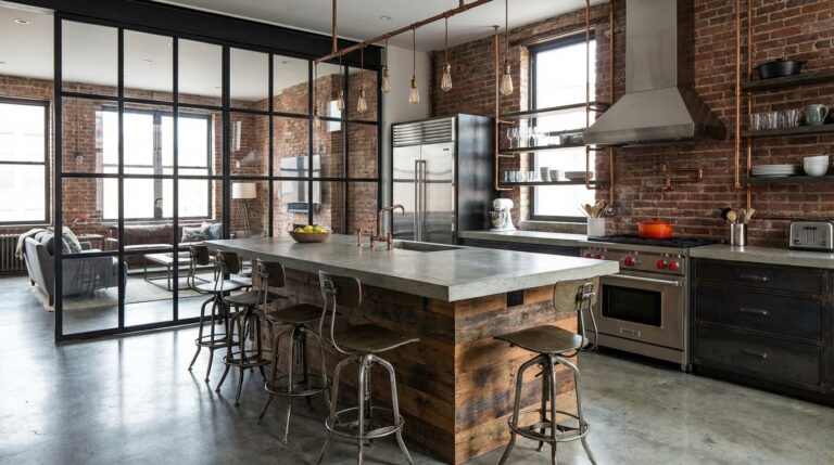 Cocina con mampara de cristal con marco de metal negro e isla central blanca en un espacio diáfano