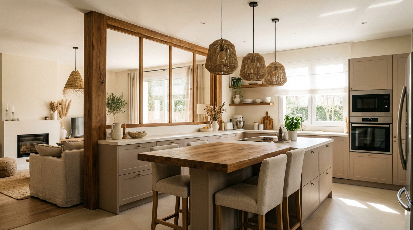 Cocina moderna con techo de cristal negro e isla central de madera