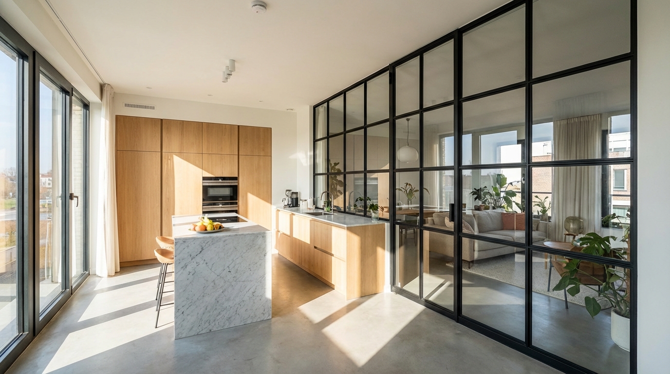 Mampara de cristal negra estilo taller que separa la cocina y el salón con isla central