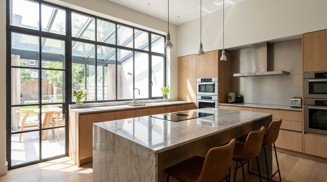 Isla de cocina con encimera integrada y zona de comedor