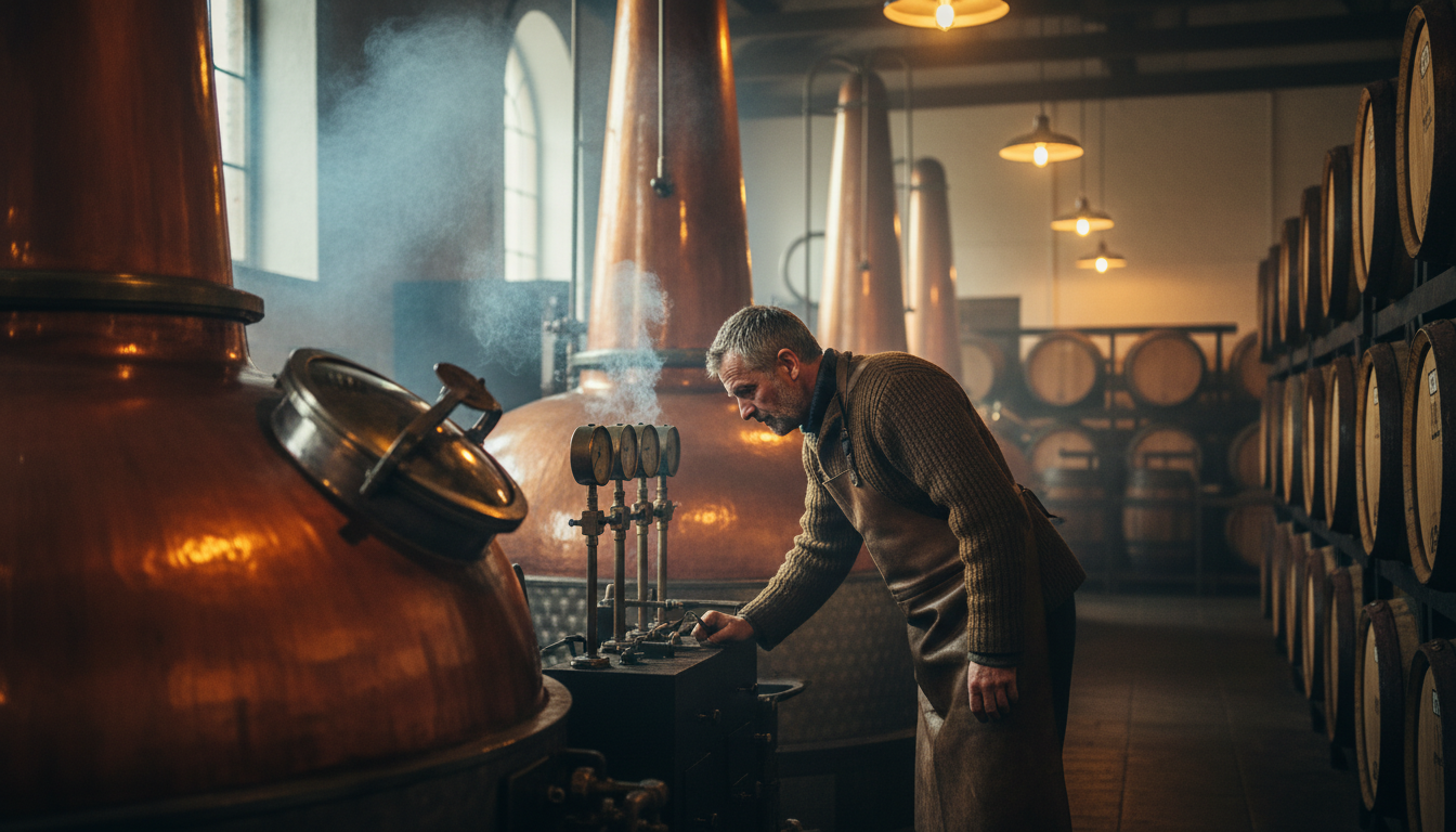 Distillation du whisky avec alambic Producteur contrôlant la distillation du whisky avec alambic