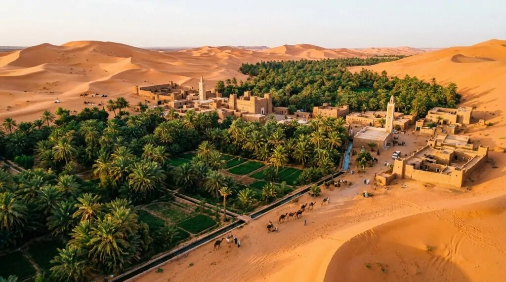 Oaza i gaj palmowy na pustyni algierskiej