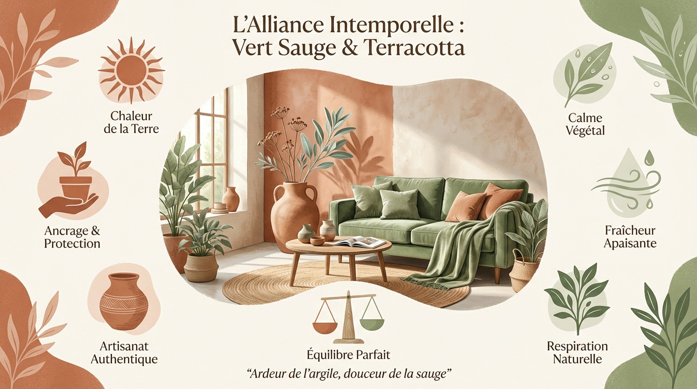 Decoración natural con paredes verde salvia y accesorios de terracota