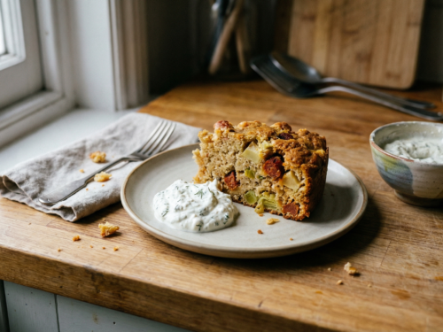 Pastel de chorizo ​​y puerros con crema de limón y eneldo