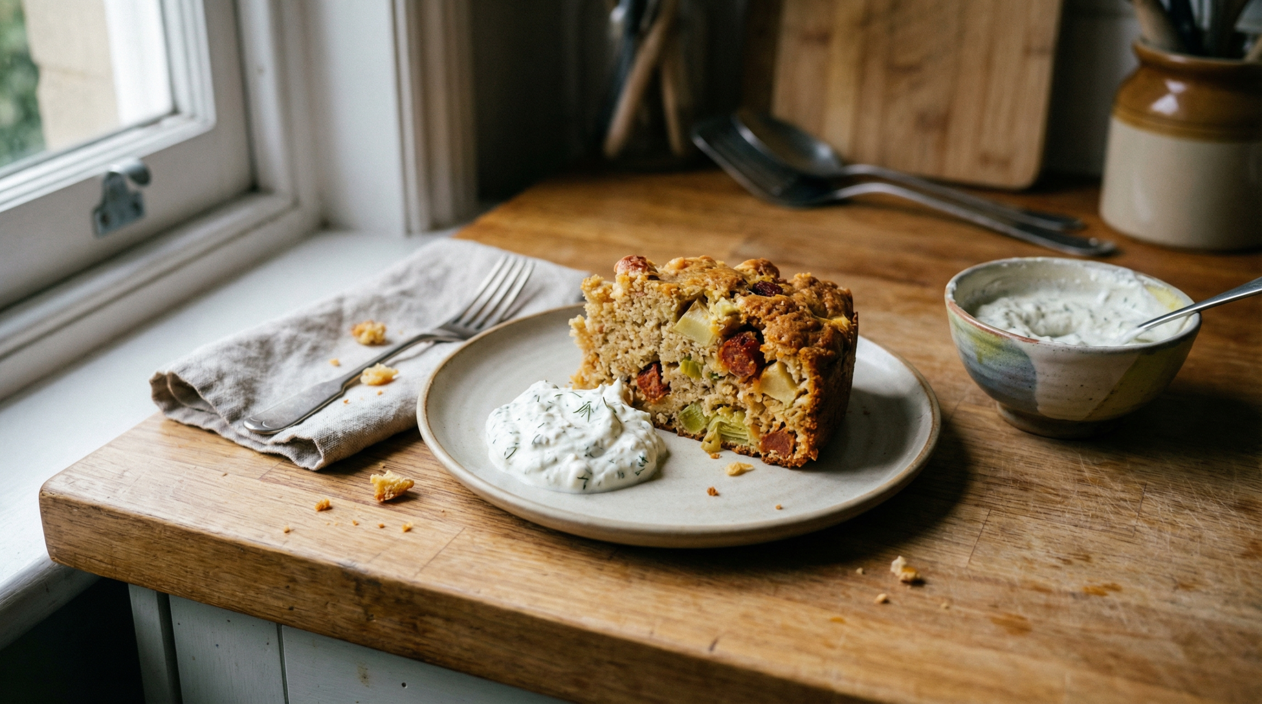 Chorizo ​​and leek cake with lemon and dill cream