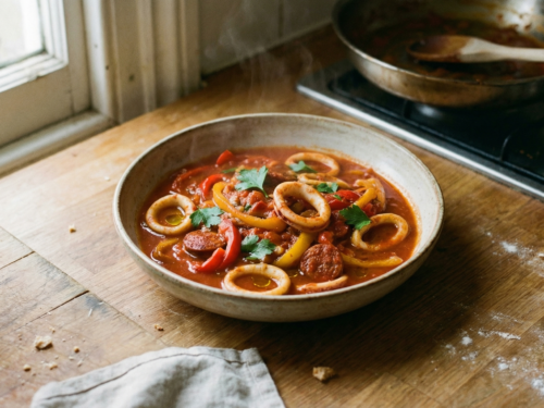 Calamares, pimientos, chorizo