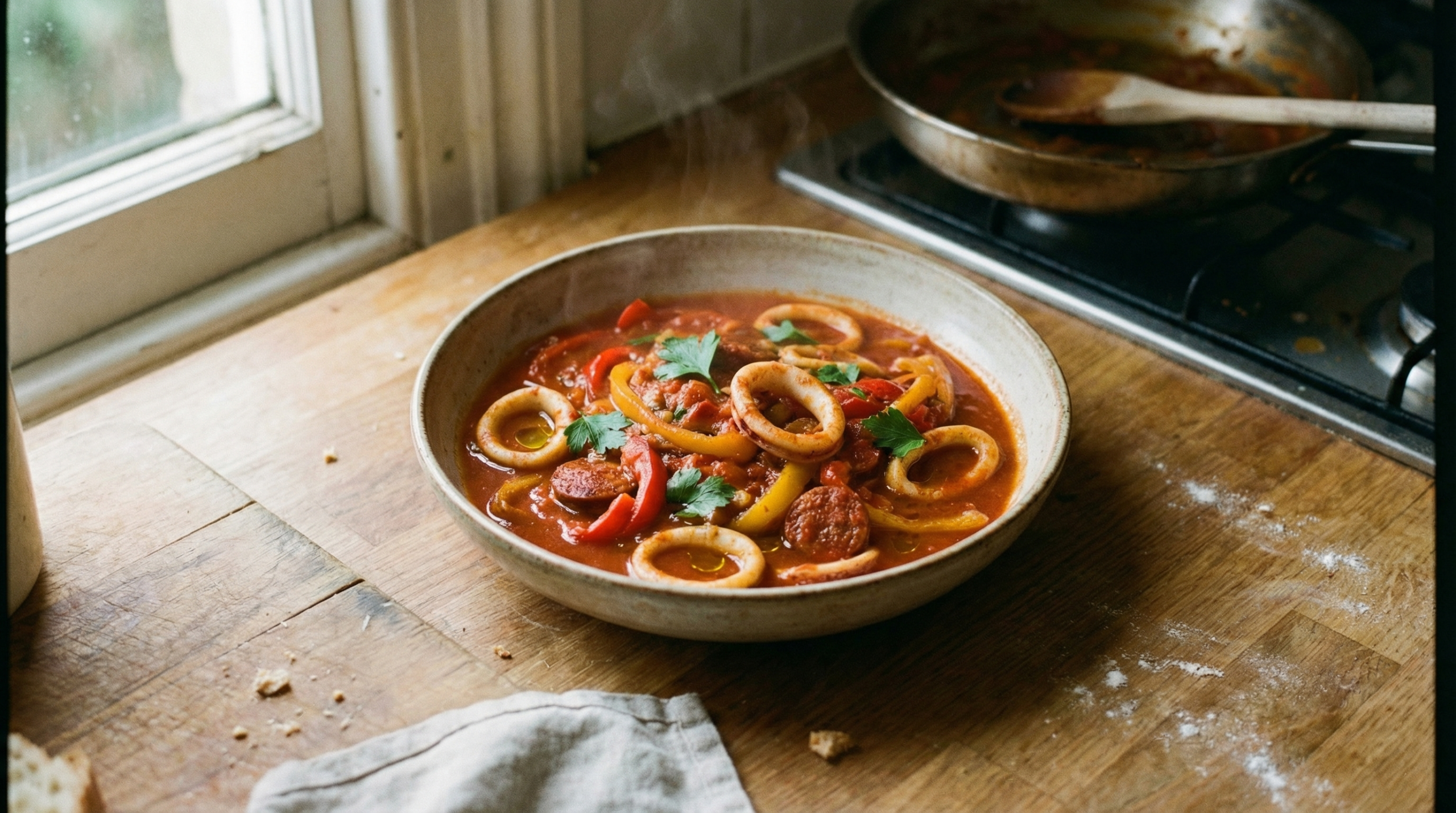 Squid, peppers, chorizo