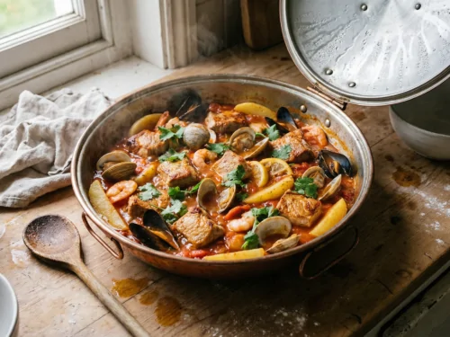 Cataplana de cerdo y mariscos