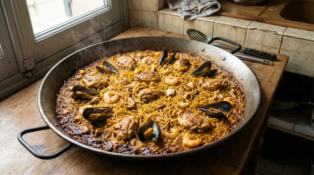 Fideuà di pollo e frutti di mare