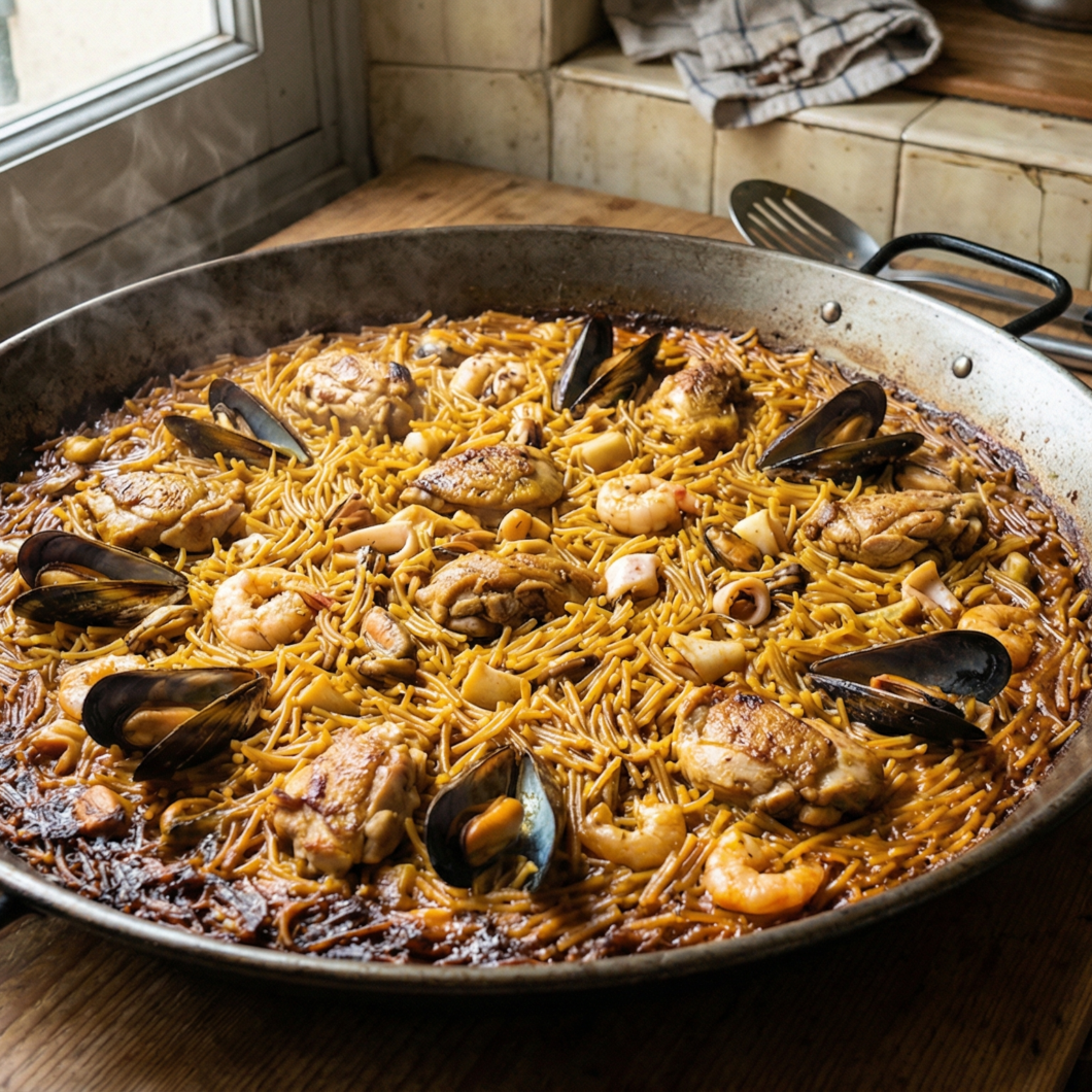 Fideuá de pollo y mariscos