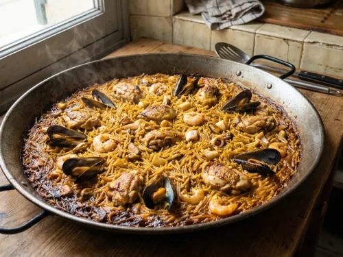 Fideuá de pollo y mariscos